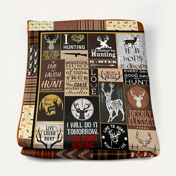 1pc Vintage Elk Hunting Print Blanket, Flannel Blanket, Soft Warm Throw Blanket Nap Blanket For Couch Sofa Office Bed Camping Travel, Multi-purpose Gift Blanket For All Season