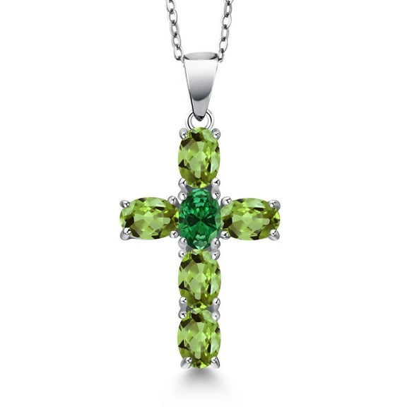 Gem Stone King 925 Sterling Silver Green Peridot and Green Created Emerald Cross Pendant Necklace for Women | 2.85 Cttw | Gemstone August Birthstone | Oval 6X4MM | With 18 inch Chain