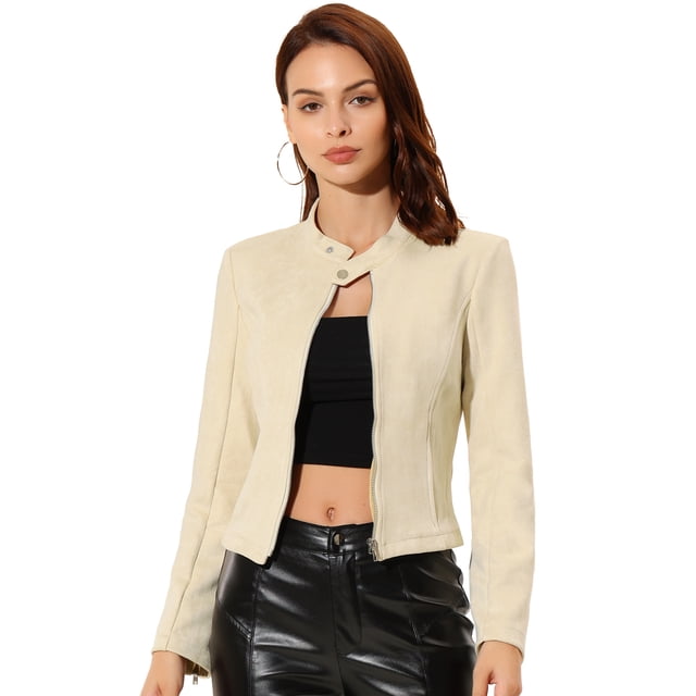 Chaqueta de gamuza Sintética Allegra K Cuello Alto Cremallera Manga Larga Beige L