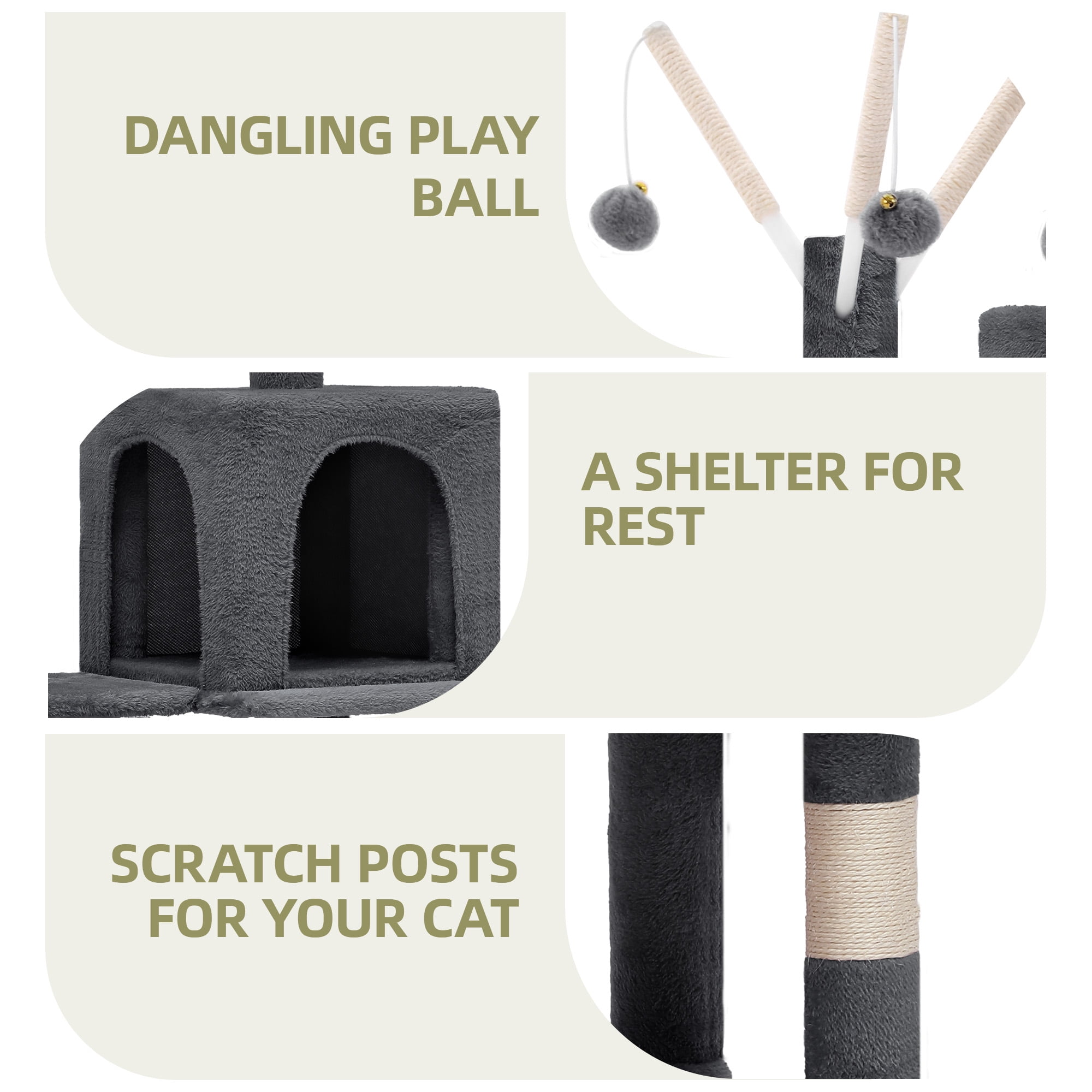 Uforic Multi-Level Cat Tree with Scratch Posts and Comfortable Hammock, 44" H, Dark Gray