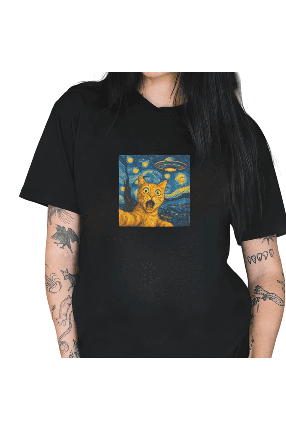 Black Starry Night Screaming Cat UFO Van Gogh Style Funny Vintage Graphic Tees Print Tshirt Shirts Weird Cat Lover Tops S-5XL