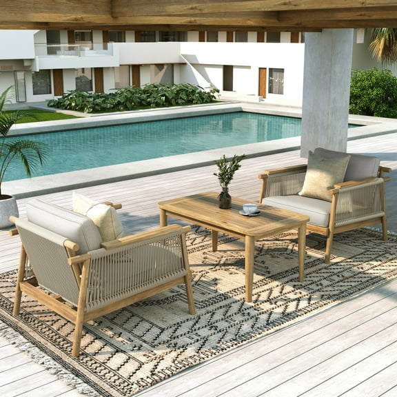Christopher Knight Home Boho Outdoor Rope Club Chair with Cushion, Solid Wood Frame, Teak Beige, Set of 2