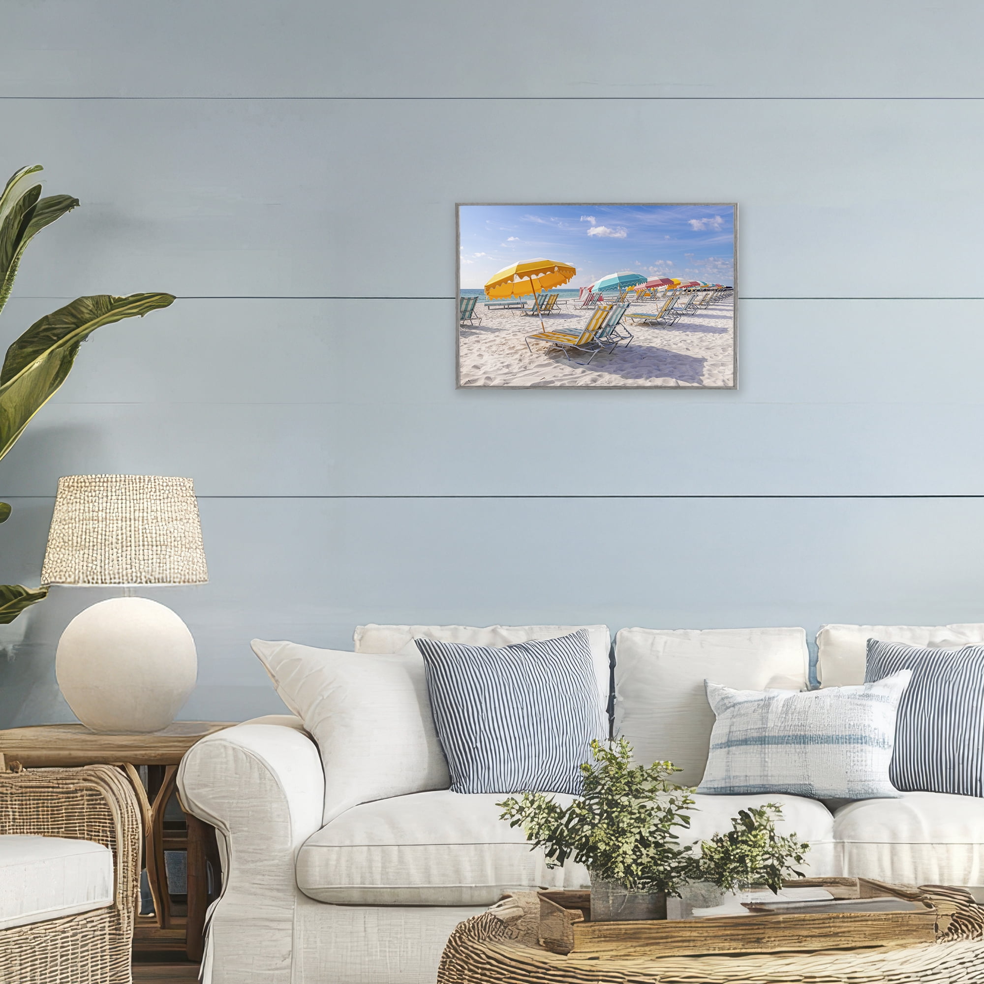 Stupell Industries Striped Umbrellas on Sunny Beach Gray Framed Giclee Art, design by Richard Silver