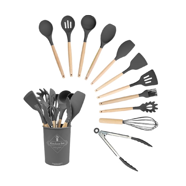 Set 11 Utensilios Cocina Hechos De Bambú Con Punta Silicona Ecowood Set Utensilios