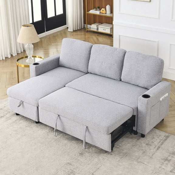 Muumblus Sleeper Sofa Sectional, Convertible Sofa Bed with Reversible Storage Chaise, Cup Holders, L-Shaped Sectional Sofa for Apartment, Living Room, Light Gray Linen