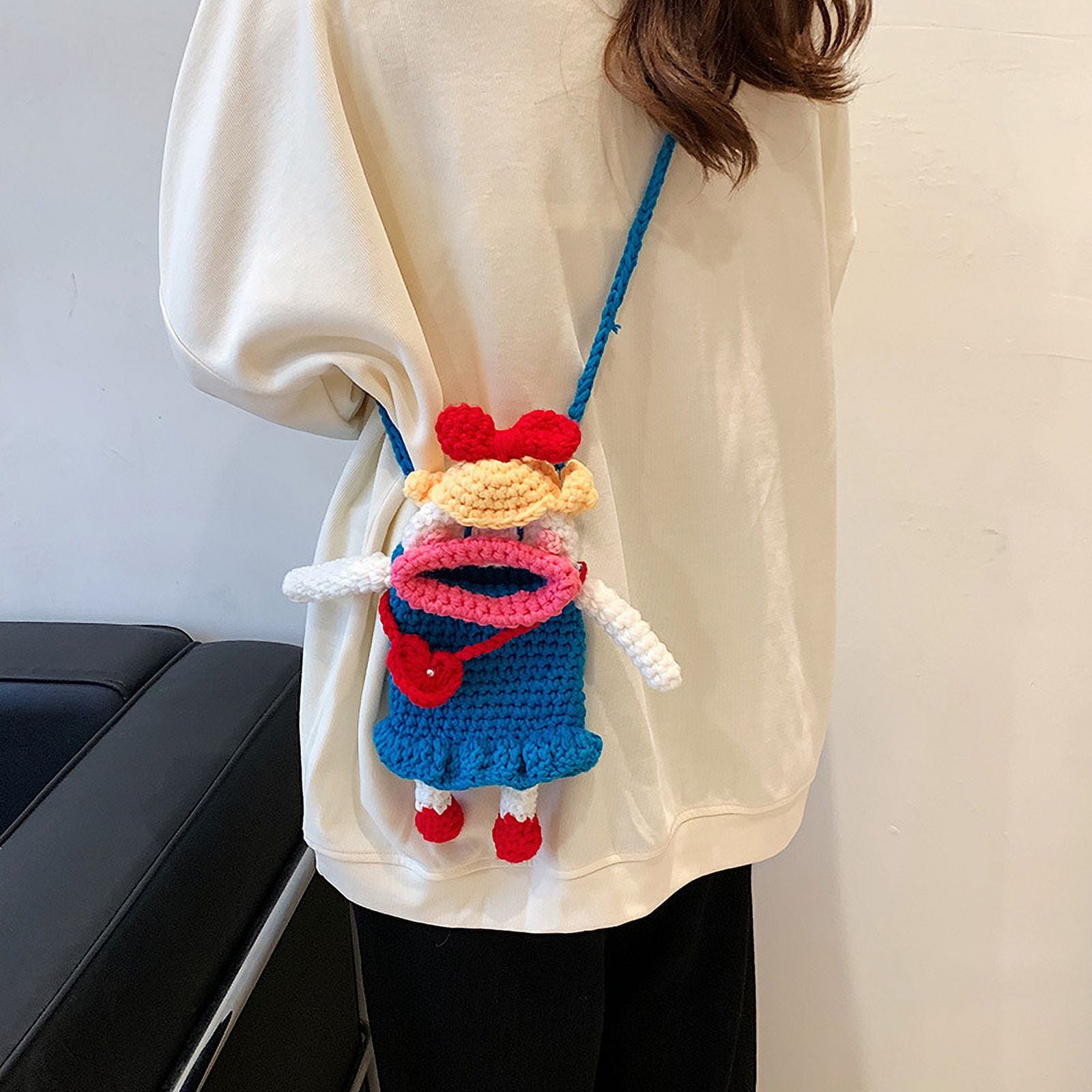 Baguery Handmade Crochet Phone Bag - Sausage Mouth Design, Ugly Cute Knitted Crossbody Purse for Cell Phone/Keys/Lipstick