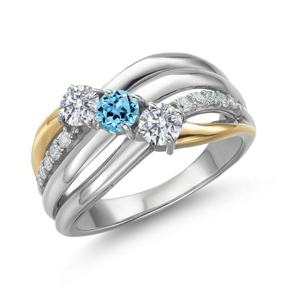 Gem Stone King 925 Silver and 10K Yellow Gold Lab Grown Diamond and Swiss Blue Topaz and Lab Grown Diamond Engagement Ring for Women | 1.05 Cttw | Round 4MM | April Birthstone | Size 8