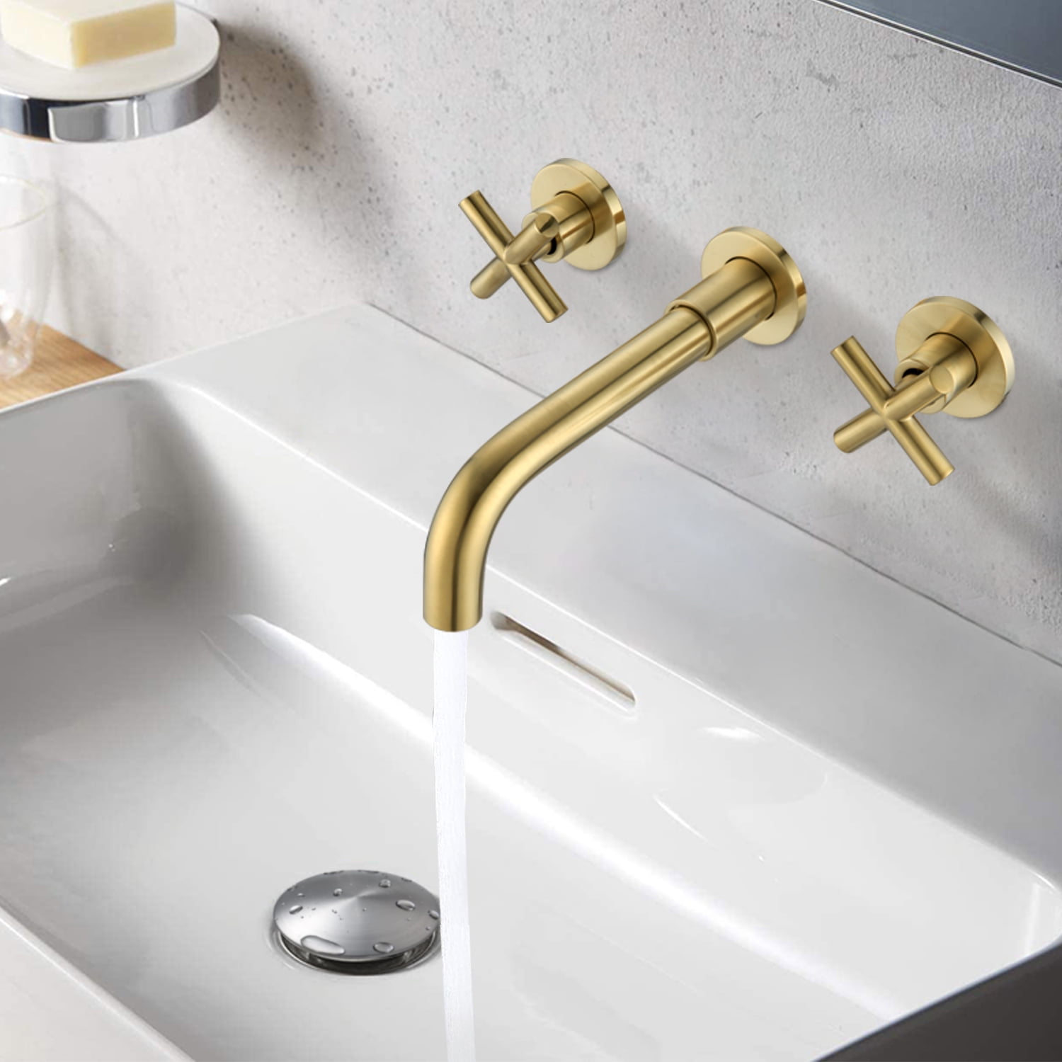 Wall Mounted Bathroom Sink Faucet with Pop-Up Drain (No Overflow), Dual Cross Handle, Anti-Splash Aerator