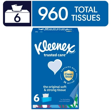 Kleenex Trusted Care Facial Tissues, 6 Flat Boxes, 160 Tissues per Box, 2-Ply