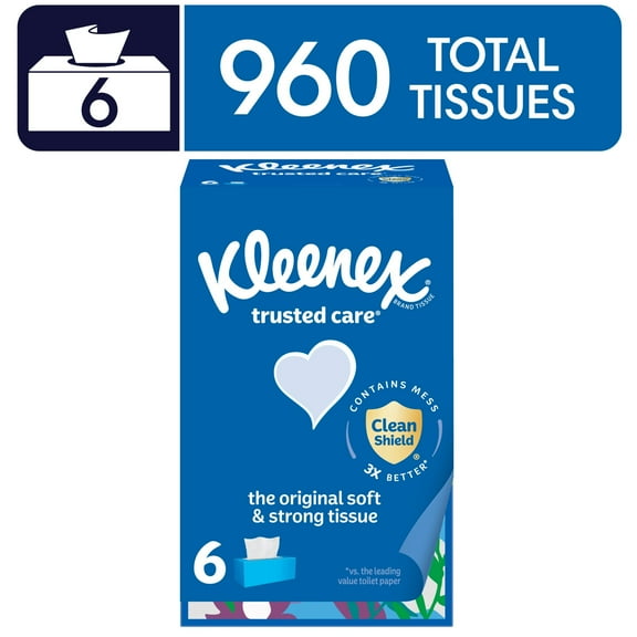 Kleenex Trusted Care Facial Tissues, 6 Flat Boxes, 160 Tissues per Box, 2-Ply