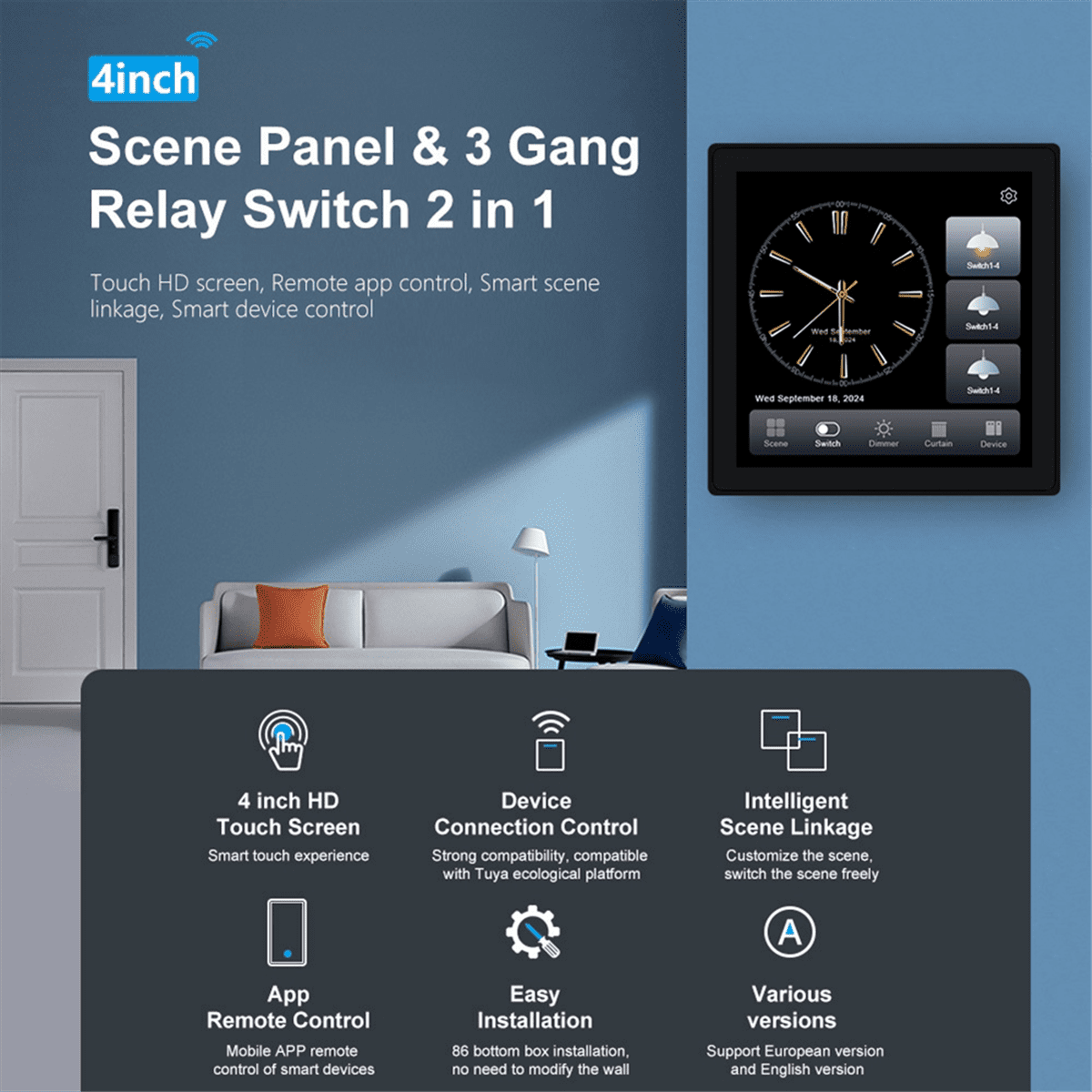 Tuya T3E Pro Smart Control Panel Switch Touch Screen Panel Switch Zigbee Intelligent Home Wall Push Light Switch Black