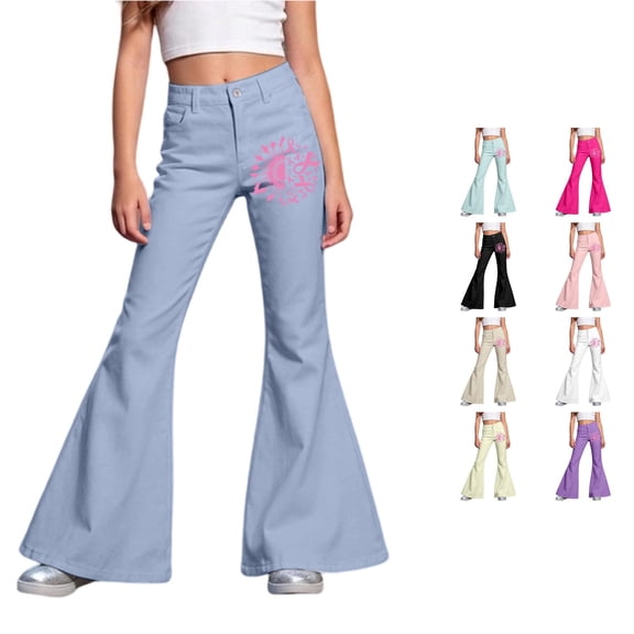 WhouRiu Girls Casual Flared Pants Fashion Graphic Rigid Waist Trousers With Pockets Kids Comfortable Cute Everyday Wear,9-10 Years