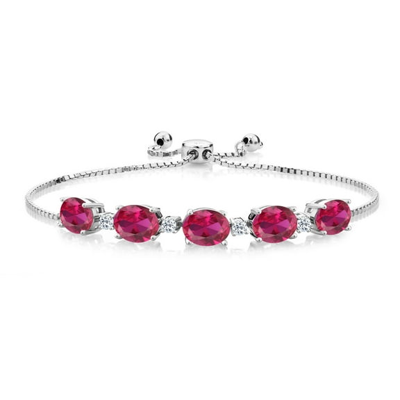 Gem Stone King 925 Sterling Silver Red Created Ruby and White Topaz Tennis Bracelet for Women (7.84 Cttw, Oval 8X6MM, Gemstone Birthstone, Fully Adjustable up to 9 inch)