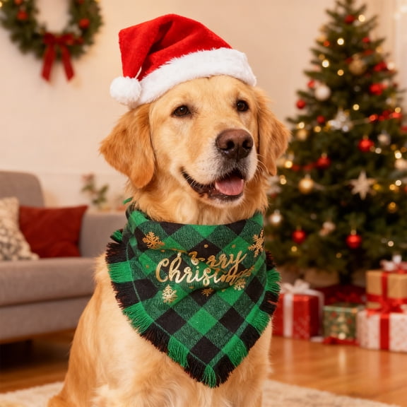 Christmas Dog Scarf with Santa and Tree Patterns for Holiday Parties and Daily Walks, 21.65x14.96 Inches