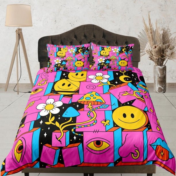 Hot pink psicodélico 90s nostalgia hippie ropa de cama retro juego de funda nórdica,