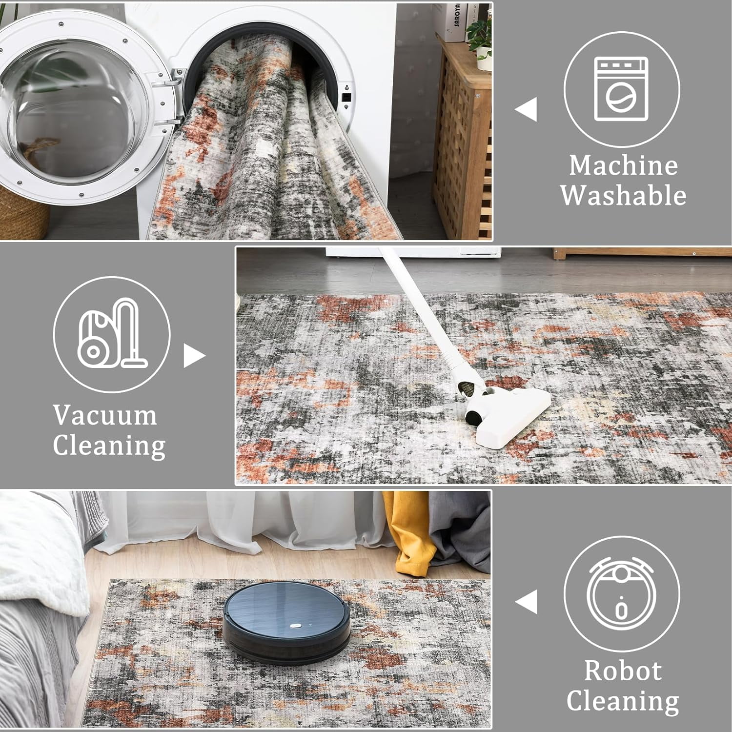 2x6 Runner Rug, Modern Abstract Washable Hallway Runners for Kitchen Laundry Room, Ultra-Thin Soft Non-Slip Rug Runners for Entryway Bedroom (Grey/Rust, 2'x6')