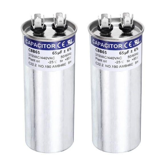 Uxcell 2Pcs 65MFD CBB65 Run Start Capacitor 65uF, 370/440V Round AC Capacitor for AC Motor Run, HVAC, Air Conditioner, Condenser Motors