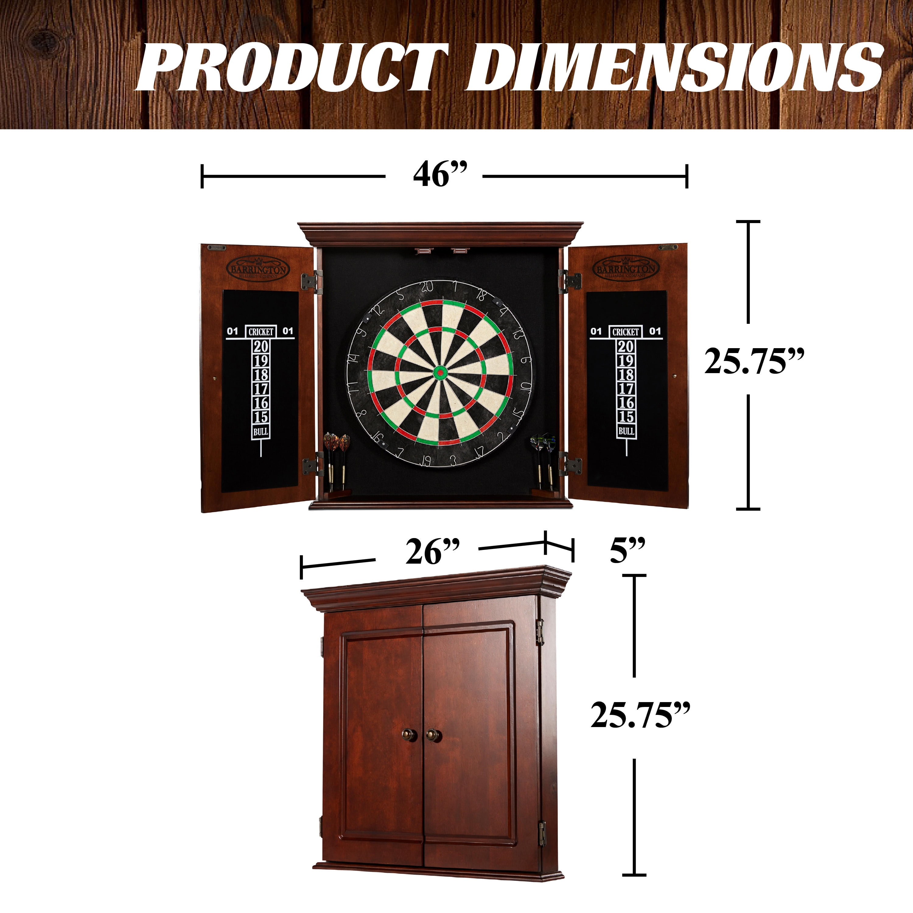 Chatham Wood Dartboard Cabinet with 18” Bristle Dartboard and Steel Tip Dart Set by Barrington Billiards