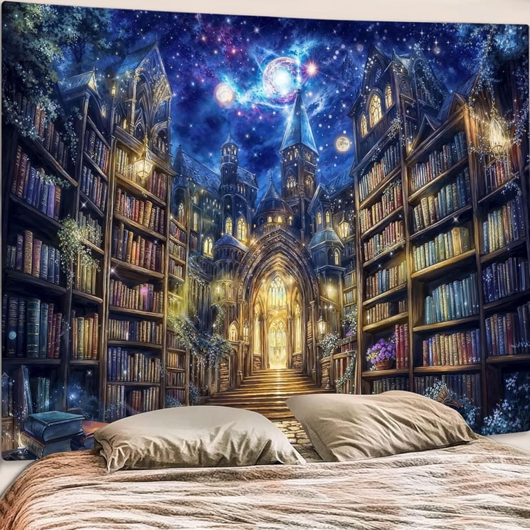 Fantasy Bookshelf Tapestry Space Library Tapestries Wall Hanging