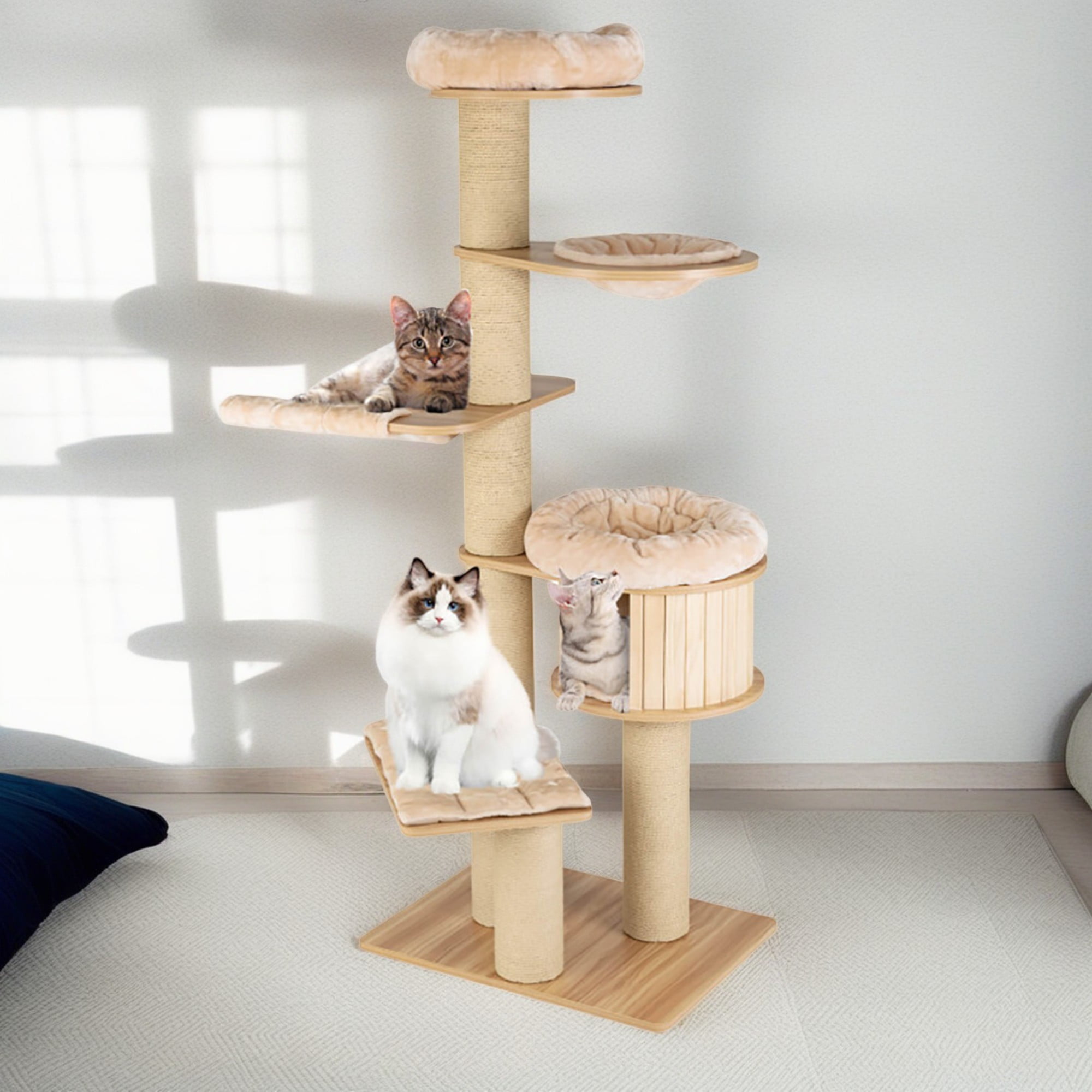 resenkos 75" Modern Cat Tree Tower for Indoor Cats, Large Wood Cat Condo with Scratching Post and Removable Pads for Small Large Cats, Beige