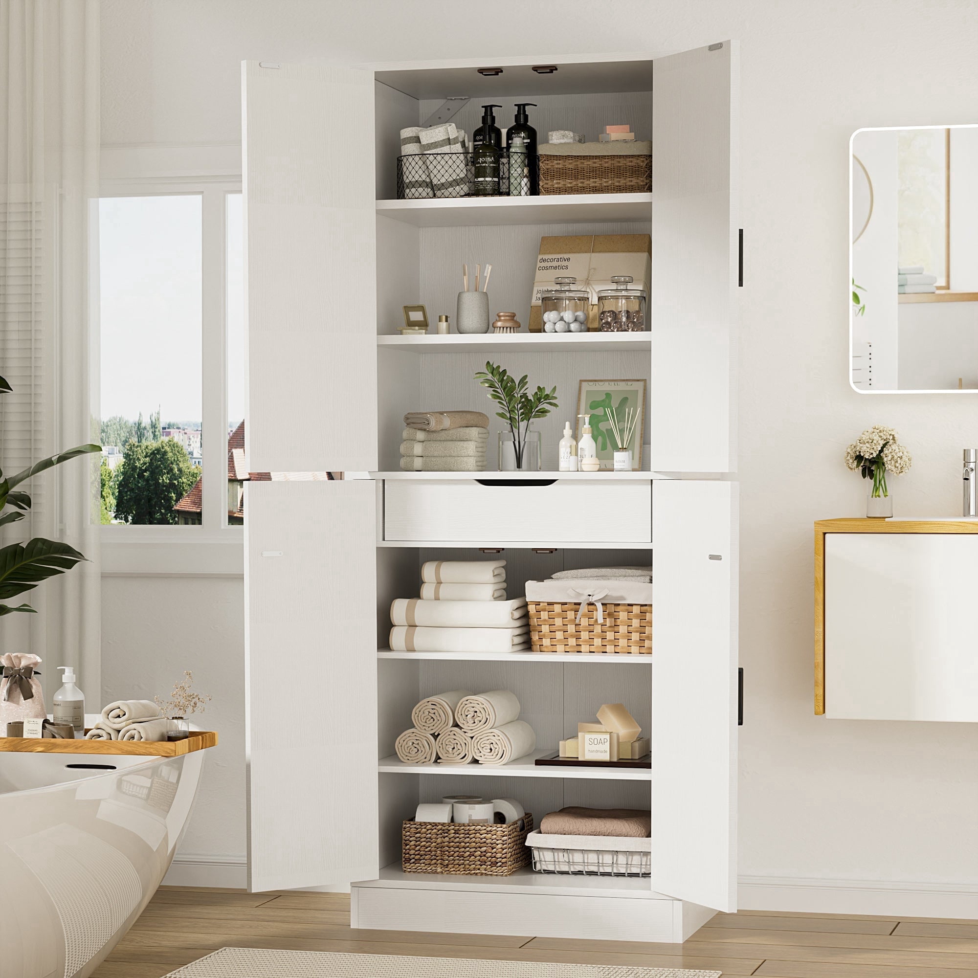 Homieasy 71'' Tall Farmhouse Bathroom Storage Cabinet, 7-Tier Linen Cabinet with Drawer & Adjustable Shelves, White