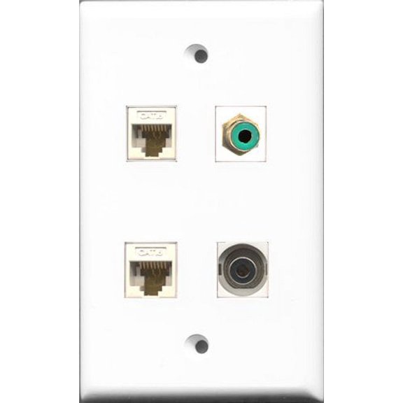RiteAV 1 Port RCA Green and 1 Port 3.5mm 2 Port Cat6 Ethernet White Wall Plate