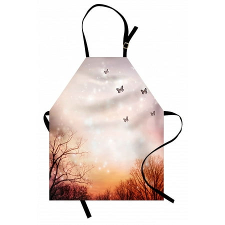 

Butterfly Apron Dreamy Butterflies Over Trees Romantic Fantasy Blurry Sky Artistic Design Unisex Kitchen Bib Apron with Adjustable Neck for Cooking Baking Gardening Orange Baby Pink by Ambesonne