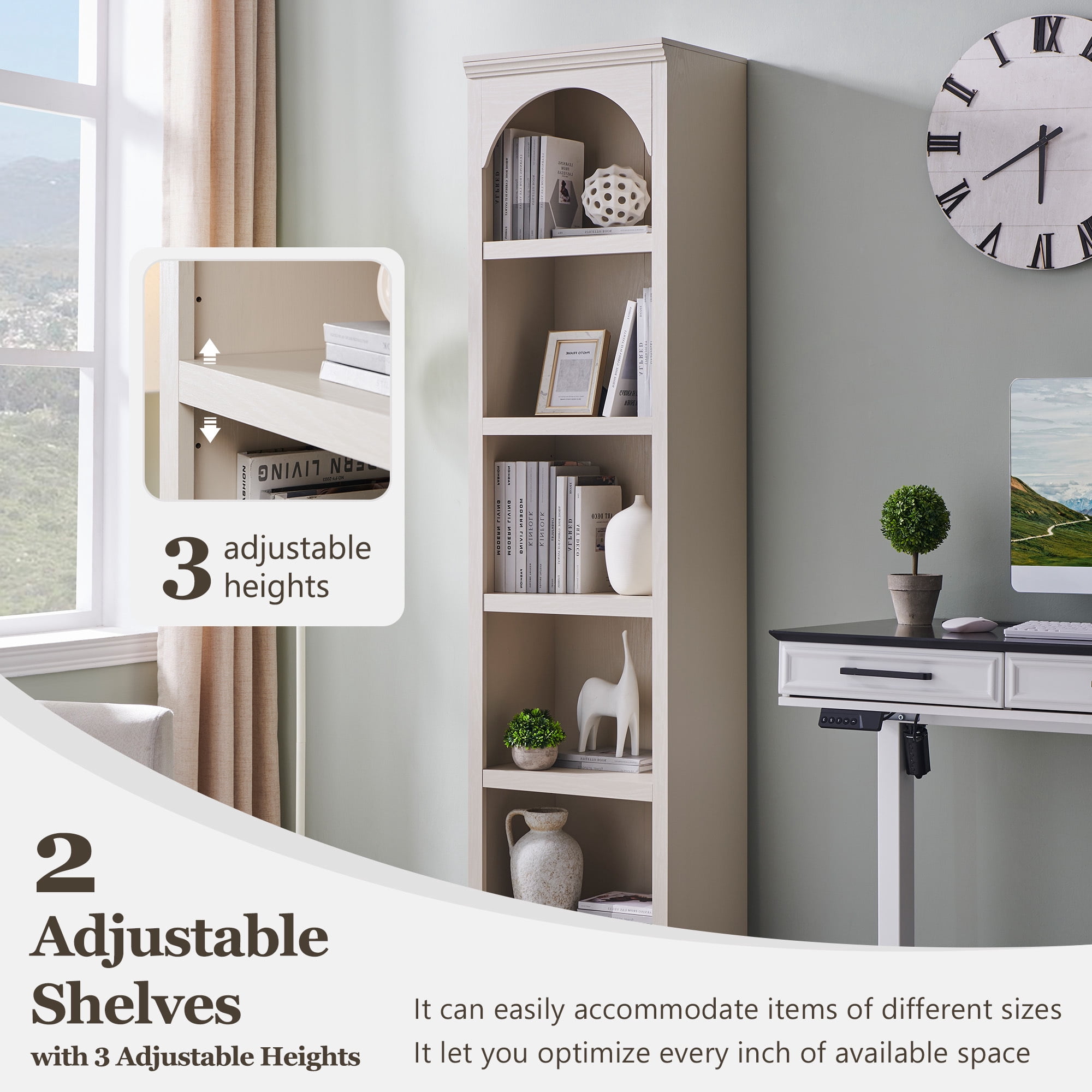 SinCiDo Tall Arched Bookcase, 5-Tier Narrow Bookshelf with Open Display Shelves for Living Room, Cream