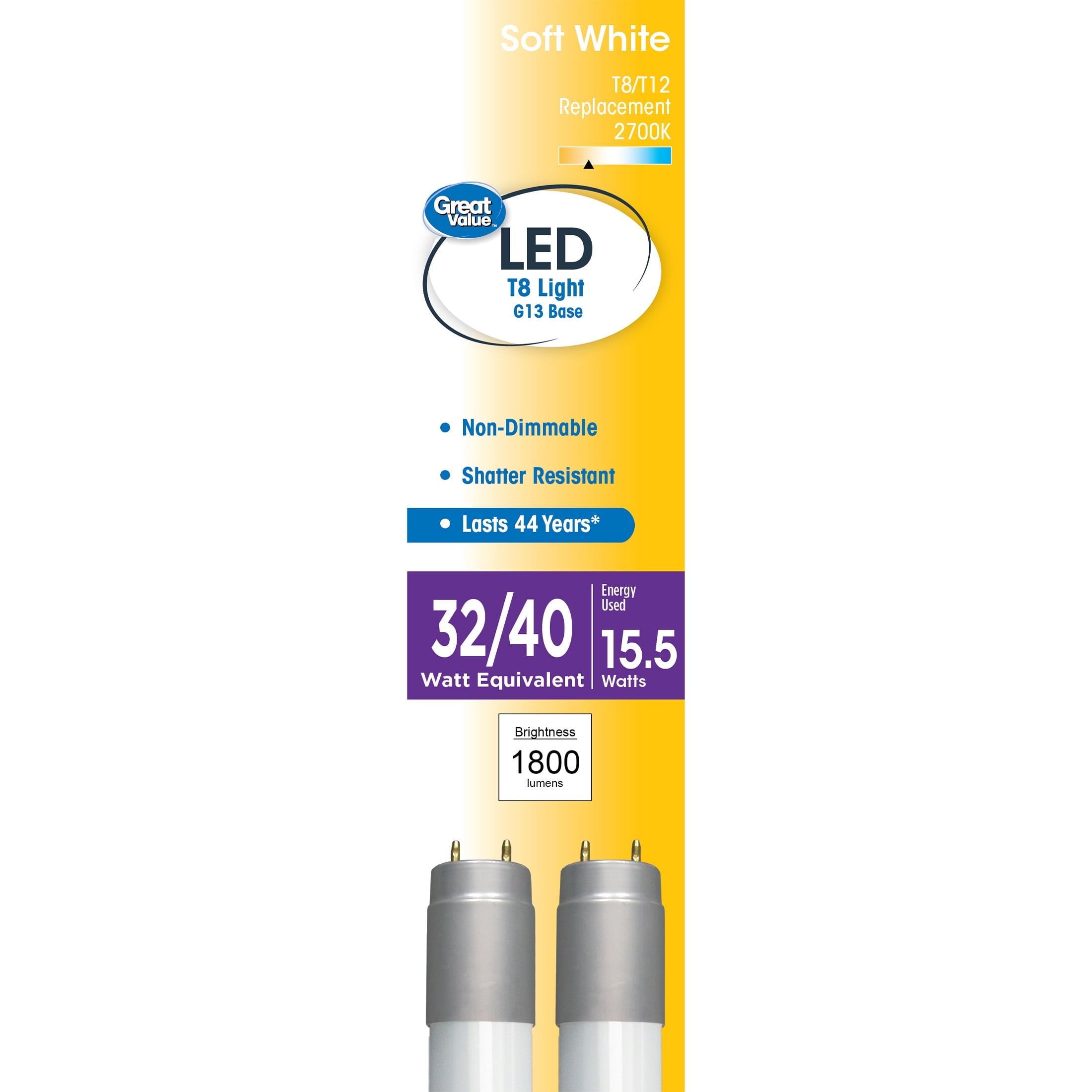 Great Value LED Tube, 17W (32W/40W Equivalent) T8/T12 Replacement Lamp G13  Base, Non-Dimmable, Soft White, 48-inches, 2-Pack