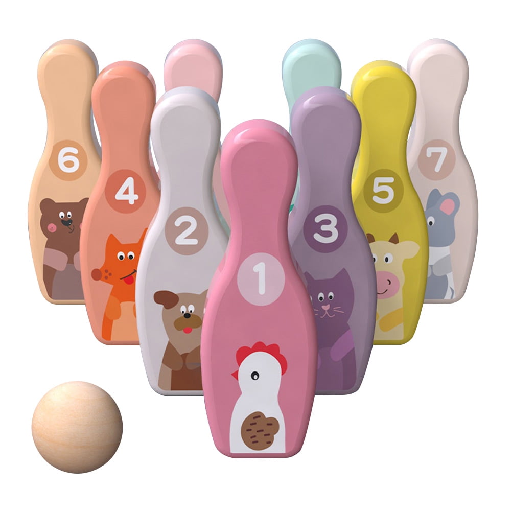 1 Set Bowling Play Sets Wooden Gutterball Educational Funny Bowling Ball Toys for Children Toddlers (9 Pcs Target Bottle and 1 Pc
