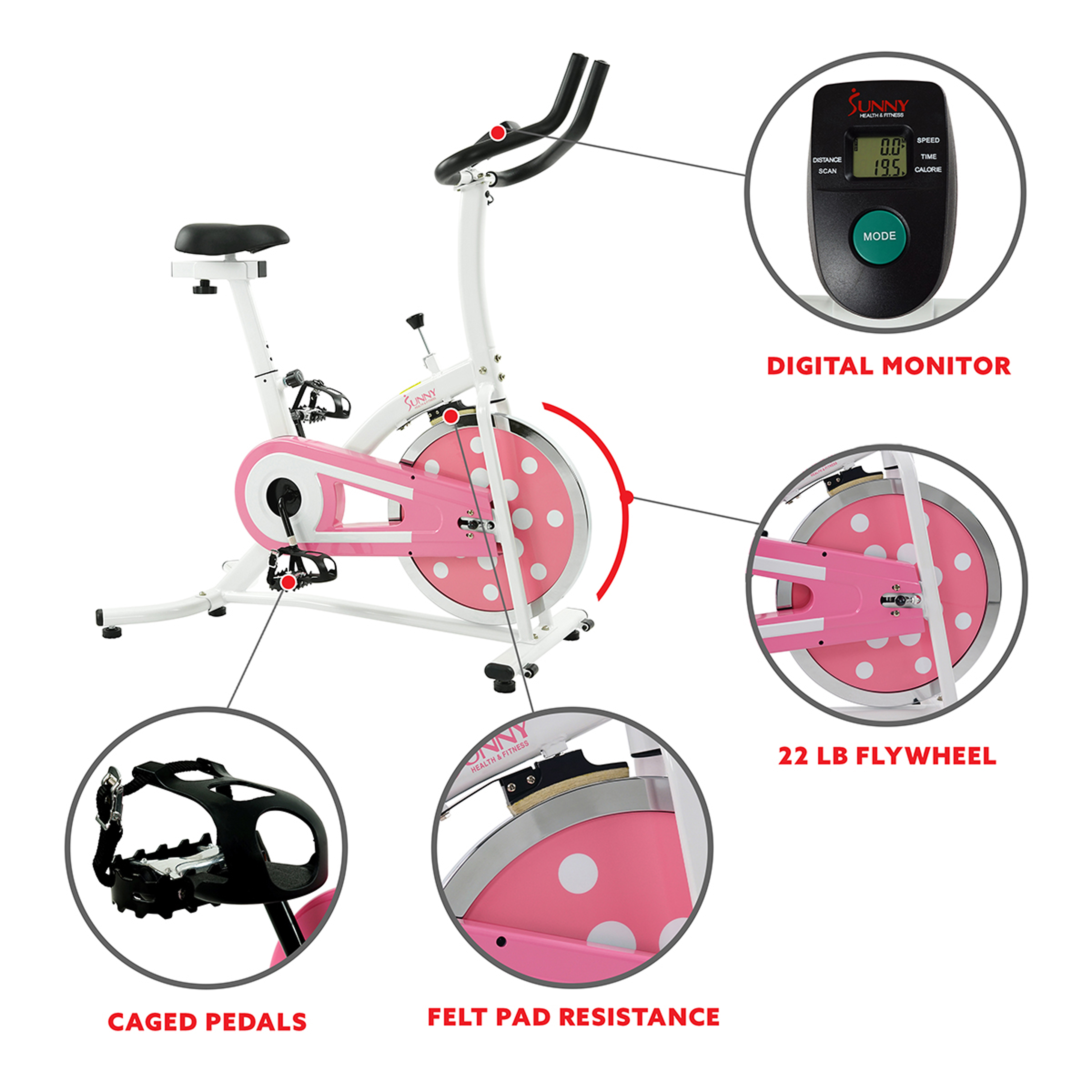 Sunny Health & Fitness Pink Chain Drive Indoor Cycling Exercise Stationary Bike w/ Monitor for Home Workout, Sport Training P8100 - image 4 of 8