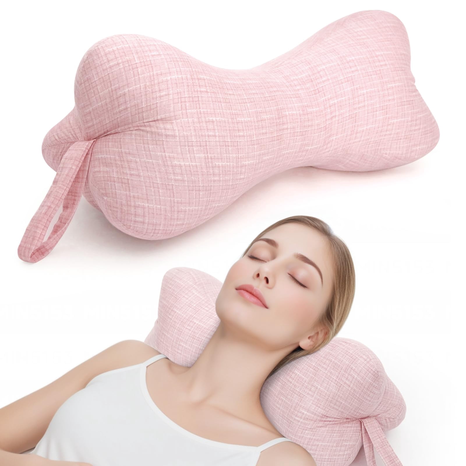 RoamReady Dog Bone Neck Pillow, Fixed Rope Loops Chiropractic Support, Travel Driving Lumbar Comfort, Adult Pink