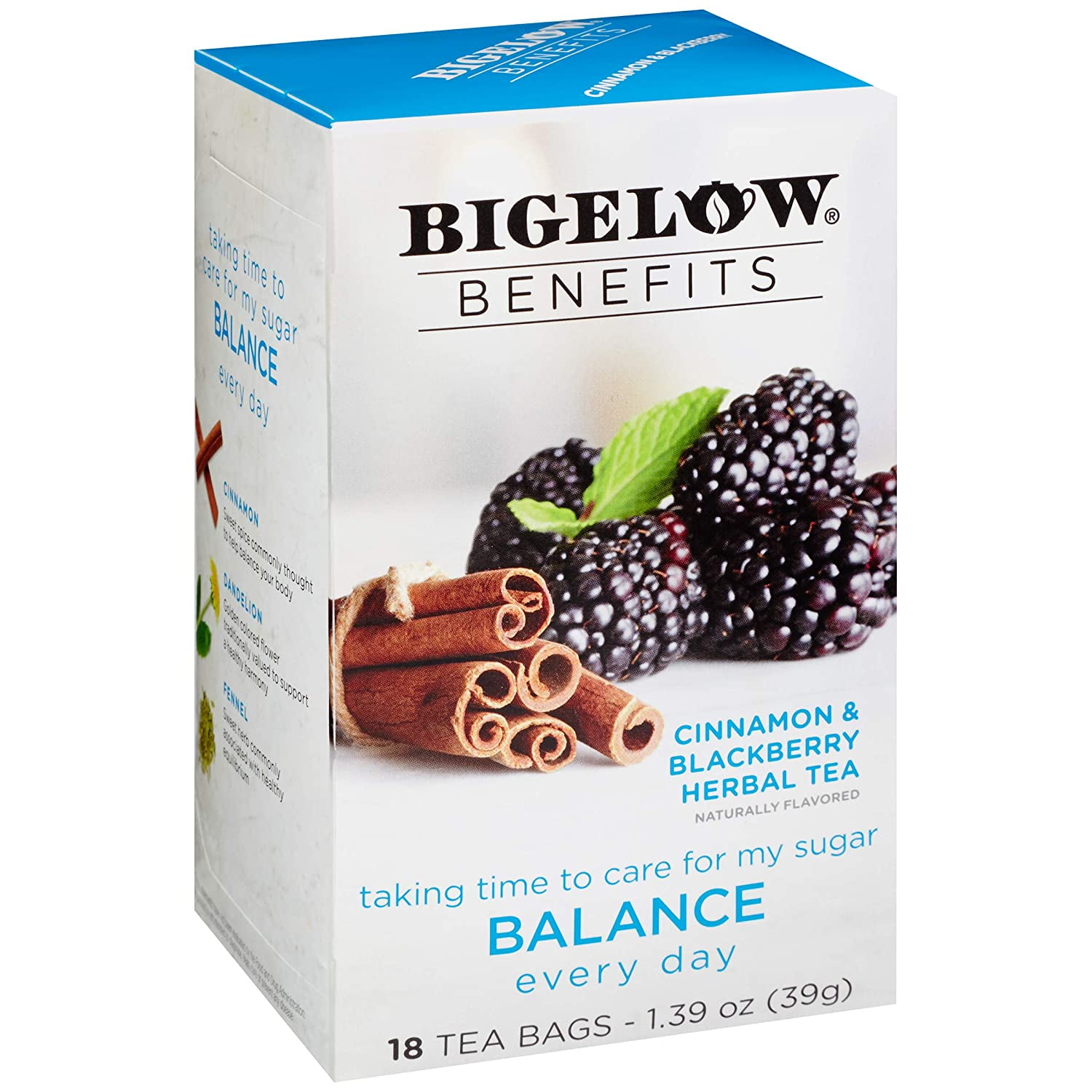 Bigelow Benefits Balance Cinnamon and Blackberry Herbal Tea Bags, 18 Count Box (Pack of 2), Caffeine Herbal Tea, 36 Tea Bags Total