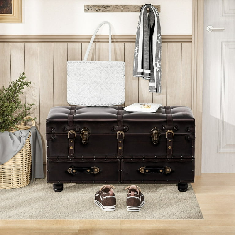 COZAYH Vintage Trunk Large Storage, Chest Cabinet with Latch Closure and Buckle for Bedroom Closet Home Organizer Decorative, Black Brown COZAYH Vintage Trunk Large Storage, Chest Cabinet with Latch Closure and Buckle for Bedroom Closet Home Organizer Decorative, Black Brown