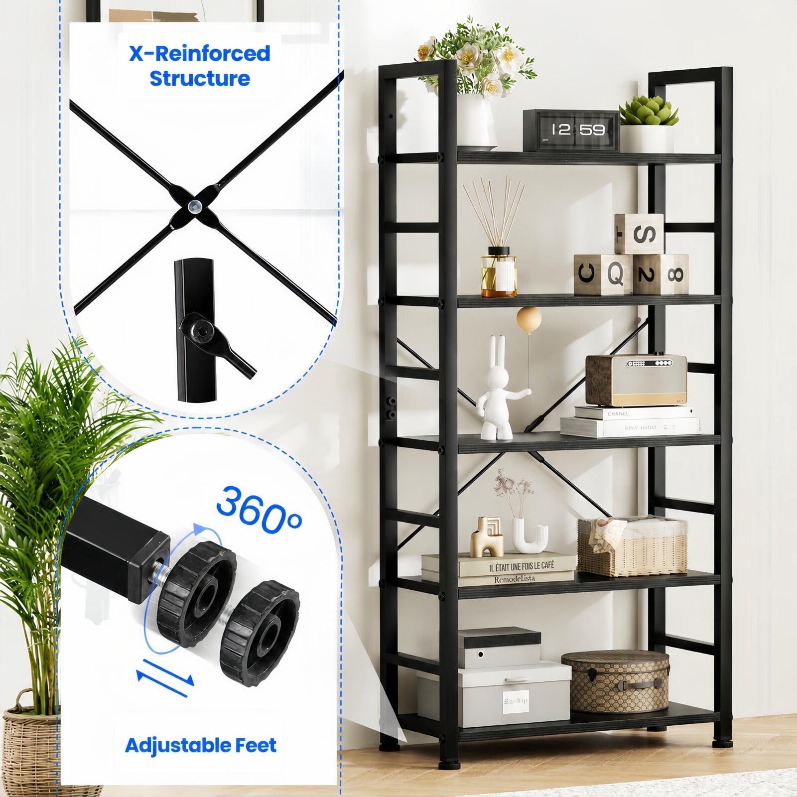 Kelno 62"x 24" Freestanding Bookshelf 5 Tier Bookcase Open Display Storage Shelf with Metal Frame, Black