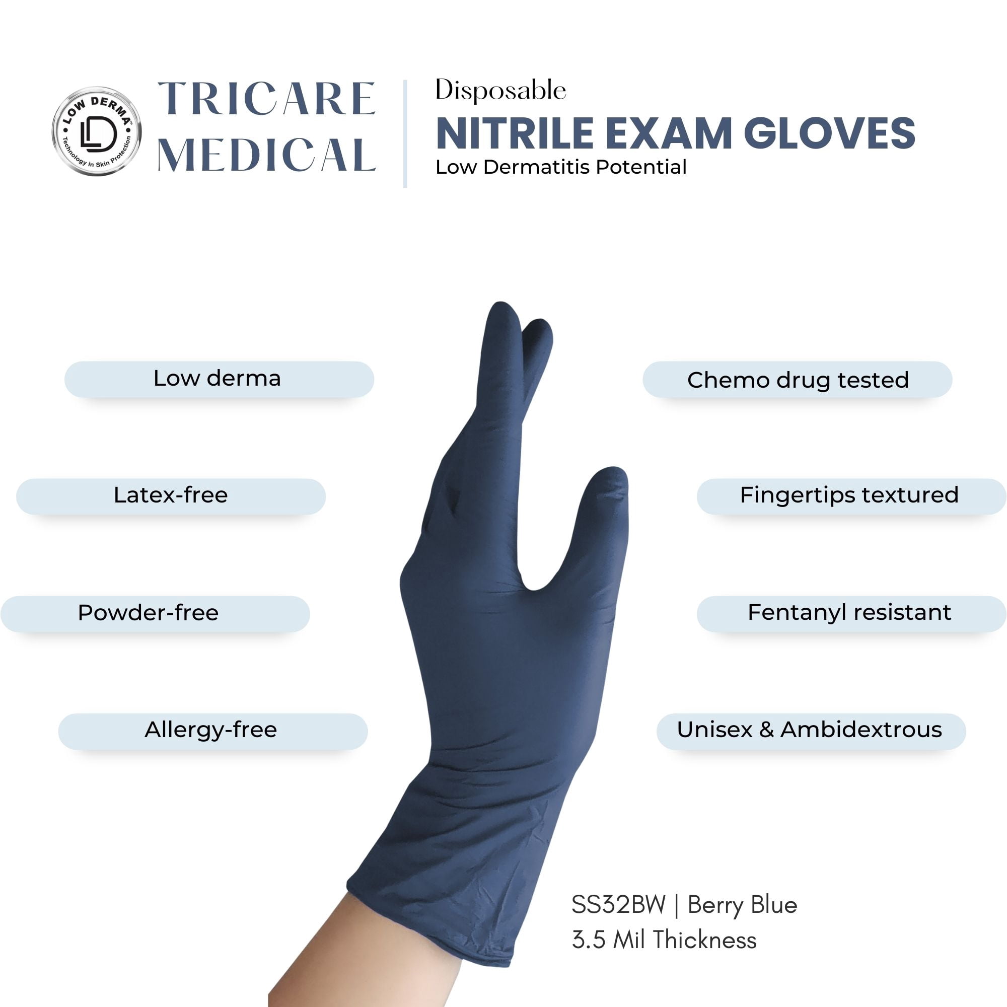 TRICARE Medical Nitrile Exam Gloves, Medium, 1000 Count, Berry Blue, Latex Free Powder Free, 3.5 Mil