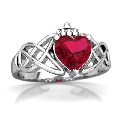 - Lab Ruby Claddagh Celtic Knot Ring in 14K White Gold