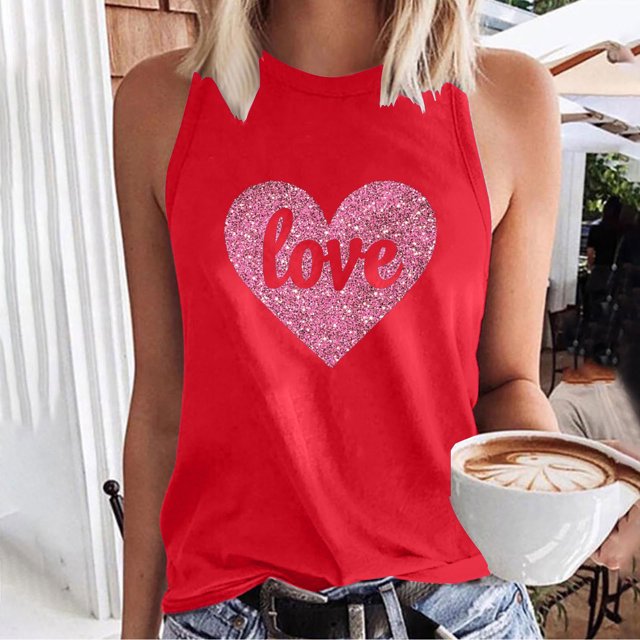 UPPADA Débardeurs Grande Taille pour Femmes Décontractés Sans Manches Graphiques Tee Chemises Surdimensionnées Tee Hauts Sans Manches Cœur T-Shirts Graphiques Rouges,S