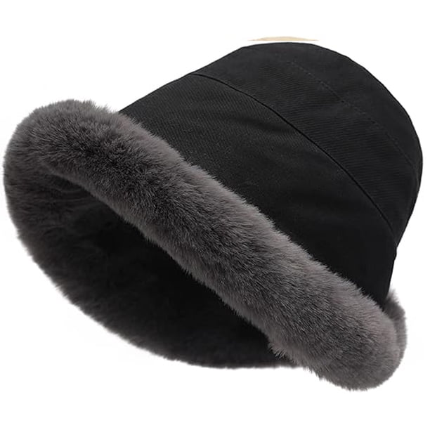 Sombrero de pescador peludo de invierno para mujer, sombrero cloche de piel sintética con ala enrollada y forro polar