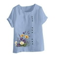 thumbnail image 5 of QIUOMBBP Womens Crew Neck Linen Tshirts Roll Up Short Sleeve Plus Size Floral Print Tops Loose Lightweight Summer Casual Shirts Light Blue XXXXXL, 5 of 5