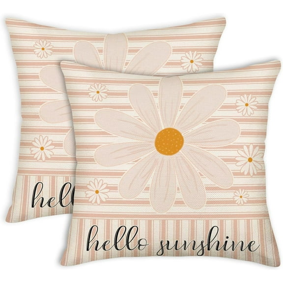 Hello Sunshine Pillow Covers 18 x 18 Inch Set of 2, Daisy Flower Spring Outdoor Farmhouse Stripes Throw Pillows, Spring Summer Decorations Cushion Case for Couch Living Room Bedroom, Pink