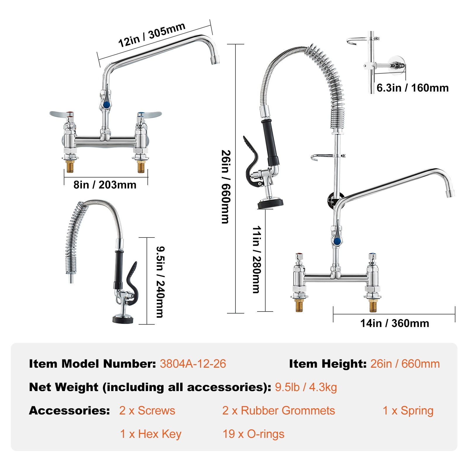 KFFKFF Deck Mounted Kitchen Faucet, 26" Tall, 8" Center, Includes 12" Rotating Spout and Pre-Rinse Spray, Brass Build, Suitable for 1/2/3 Section Sinks with Pull-Down Feature