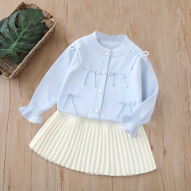 Conjuntos de blusas y camisas de cuello redondo y manga larga Conjunto de suéter de punto de invierno para niñas Cárdigan para niños Conjunto de dos piezas Top y falda Top de poliéster para niños