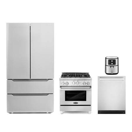 4 Piece Kitchen Package with 5.5L Electric Hot Air Fryer 30  Freestanding Gas Range 24  Built-in Fully Integrated Dishwasher & French Door Refrigerator