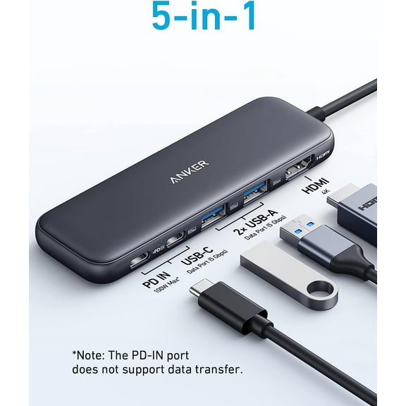 Anker 332 USB-C Hub (5 in 1) with 4K HDMI Display, 5Gbps USB-C Data Port and 2 x 5Gbps USB-A Data Ports with MacBook Pro/ Air, Dell XPS, Lenovo Thinkpad  and More