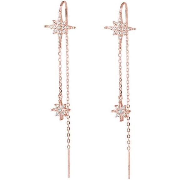 Sterling Silver CZ Star Dangle Earrings for Women Teens Long Dangle Earrings Threader Tassel