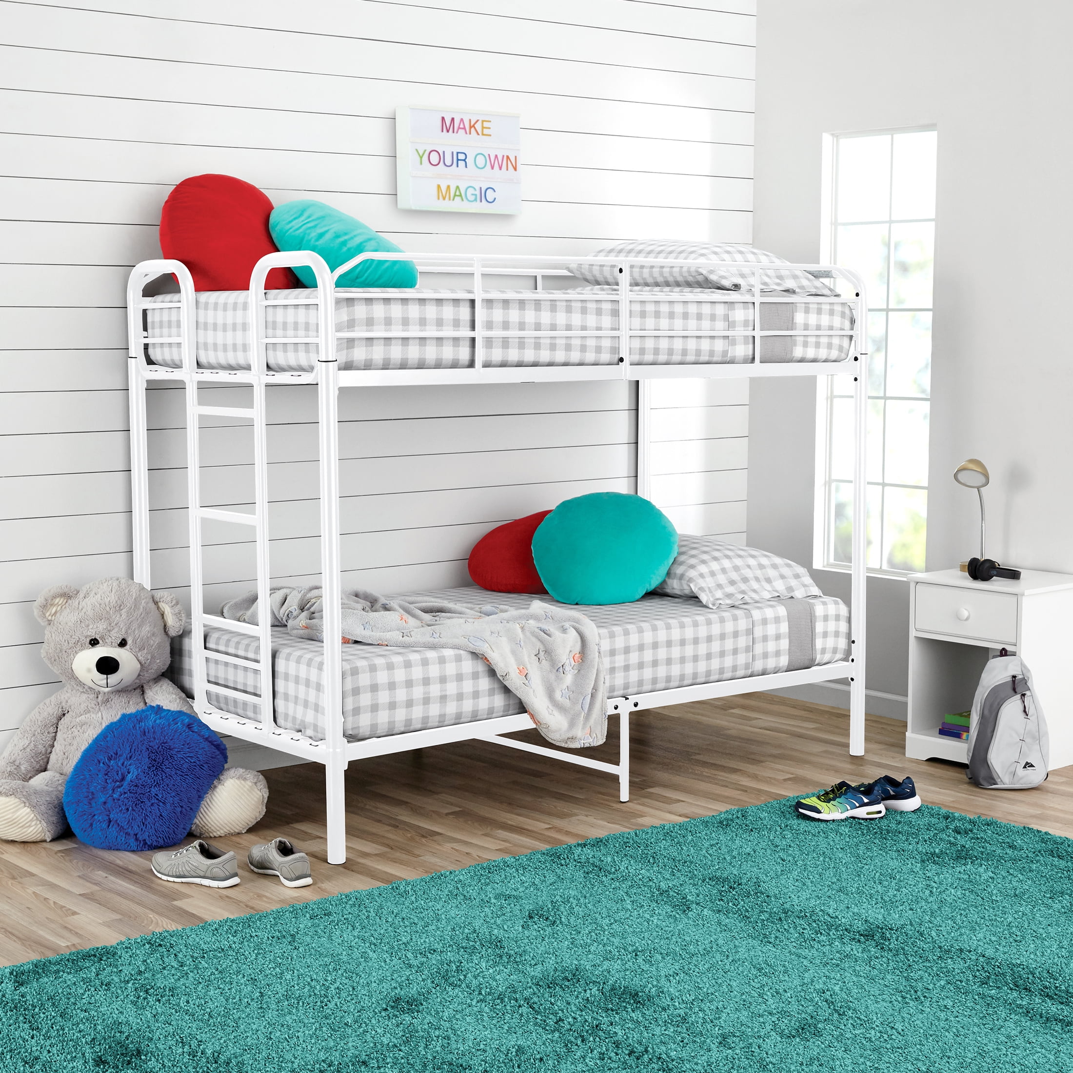 (2 pack) Your Zone Kids Modern Metal Twin over Twin Bunk Bed with Guardrails, White
