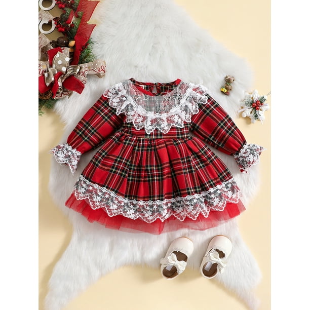 WIFORNT Newborn Christmas Dress Toddler Lace Trim Plaid Tulle Party Dress  Little Girl Ruched Long Sleeve Mini Dress 