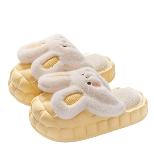Womens Furry Slippers Plush Lining Cute Rabbit Removable Memory Foam Thick Bottom Soft Sole Comfortable Non-Slip Warm Winter Home Slippers Yellow