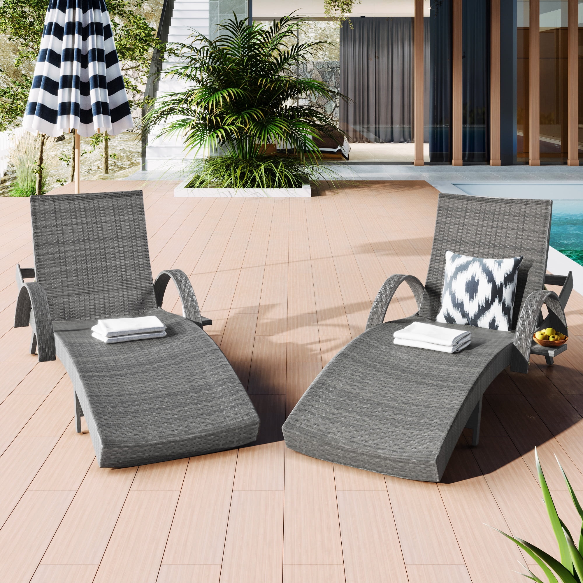 2 Pack Outdoor Wicker Reclining Lounge Chair, 5 Position Adjustable Backrest Pool Side Patio Lounger with Pull Out Side Table, Grey